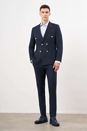  Erkek Lacivert Poliviskon Trend Kruvaze Slim Fit Sivri Yaka Takım Elbise