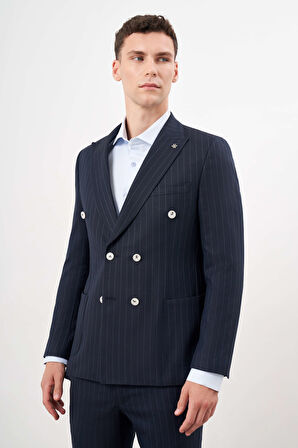  Erkek Lacivert Poliviskon Trend Kruvaze Slim Fit Sivri Yaka Takım Elbise