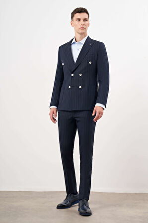  Erkek Lacivert Poliviskon Trend Kruvaze Slim Fit Sivri Yaka Takım Elbise