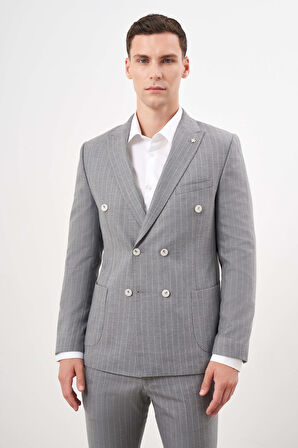 Erkek Gri Poliviskon Trend Kruvaze Slim Fit Sivri Yaka Takım Elbise