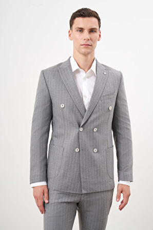  Erkek Gri Poliviskon Trend Kruvaze Slim Fit Sivri Yaka Takım Elbise