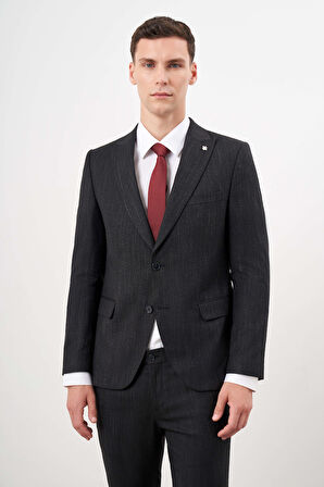  Erkek Siyah Poliviskon Trend Desenli Slim Fit  Sivri Yaka Takım Elbise