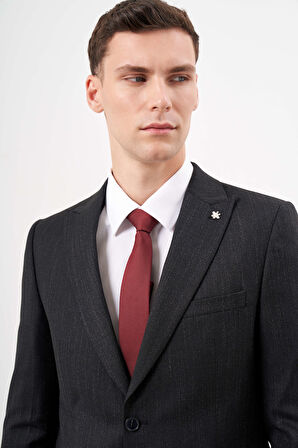  Erkek Siyah Poliviskon Trend Desenli Slim Fit  Sivri Yaka Takım Elbise