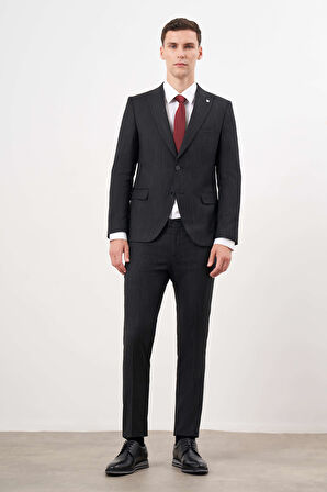  Erkek Siyah Poliviskon Trend Desenli Slim Fit  Sivri Yaka Takım Elbise