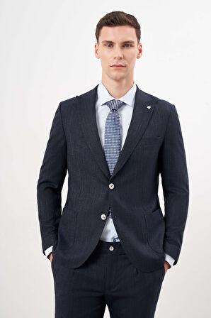  Erkek Lacivert Poliviskon Trend Desenli Slim Fit Mono Yaka Takım Elbise