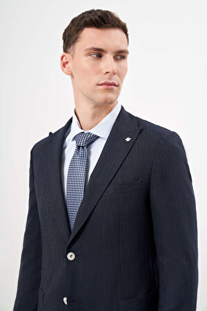  Erkek Lacivert Poliviskon Trend Desenli Slim Fit Mono Yaka Takım Elbise