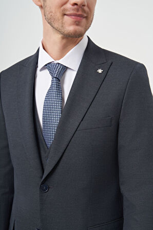  Erkek Lacivert Poliviskon Trend Yelekli Desenli Slim Fit Sivri Yaka Takım Elbise