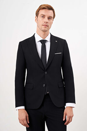  Erkek Siyah Poliviskon Basic Düz Desen Slim Fit  Sivri Yaka Takım Elbise