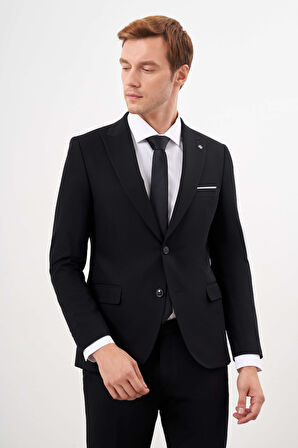  Erkek Siyah Poliviskon Basic Düz Desen Slim Fit  Sivri Yaka Takım Elbise