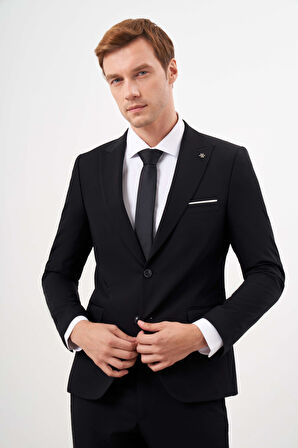  Erkek Siyah Poliviskon Basic Düz Desen Slim Fit  Sivri Yaka Takım Elbise