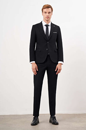  Erkek Siyah Poliviskon Basic Düz Desen Slim Fit  Sivri Yaka Takım Elbise