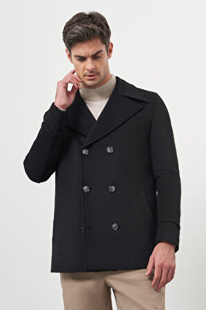  Erkek Siyah Yünlü Kruvaze Dynamic Fit Sivri Yaka Kaban