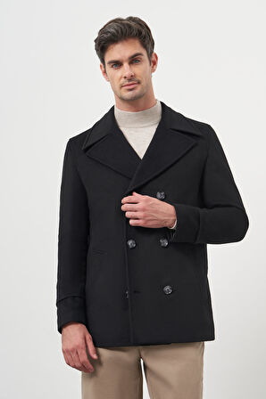  Erkek Siyah Yünlü Kruvaze Dynamic Fit Sivri Yaka Kaban