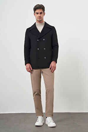  Erkek Siyah Yünlü Kruvaze Dynamic Fit Sivri Yaka Kaban