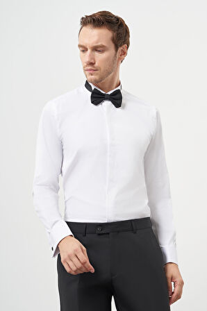  Erkek Beyaz Manşetli Slim Fit Ata Yaka Gömlek