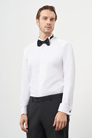  Erkek Beyaz Manşetli Slim Fit Ata Yaka Gömlek
