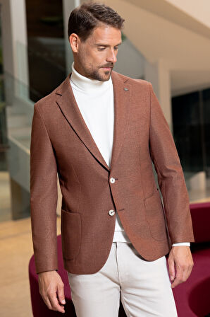  Erkek Kiremit Dokuma Slim Fit Mono Yaka Ceket
