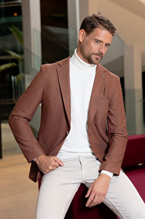  Erkek Kiremit Dokuma Slim Fit Mono Yaka Ceket