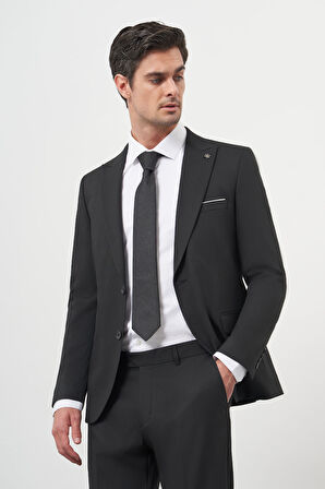  Erkek Siyah Basic Jakar Desen Slim Fit Sivri Yaka Takım Elbise