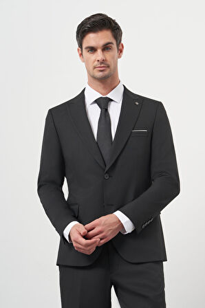  Erkek Siyah Basic Jakar Desen Slim Fit Sivri Yaka Takım Elbise
