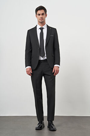 Erkek Siyah Basic Jakar Desen Slim Fit Sivri Yaka Takım Elbise