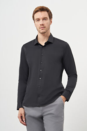  Erkek Siyah Basic Slim Fit İtalyan Yaka Gömlek