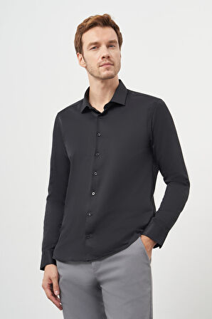  Erkek Siyah Basic Slim Fit İtalyan Yaka Gömlek