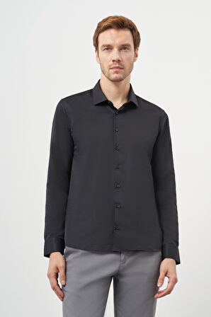 Erkek Siyah Basic Slim Fit İtalyan Yaka Gömlek