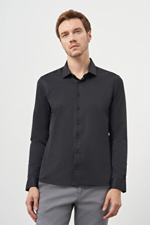  Erkek Siyah Basic Slim Fit İtalyan Yaka Gömlek