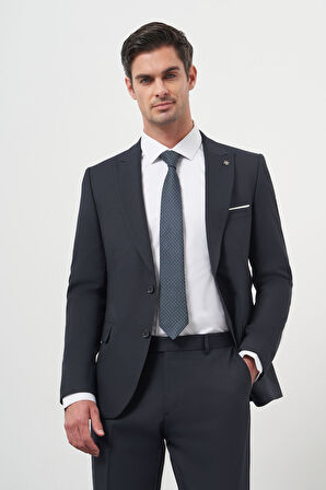  Erkek Lacivert Poliviskon Basic Jakar Desen Slim Fit Sivri Yaka Takım Elbise