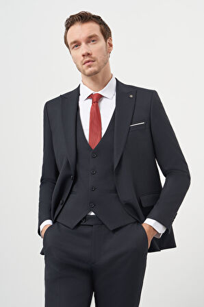  Erkek Lacivert Poliviskon Basic Yelekli Jakar Desen Slim Fit Sivri Yaka Takım Elbise