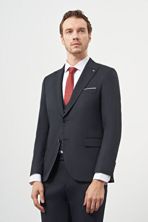  Erkek Lacivert Poliviskon Basic Yelekli Jakar Desen Slim Fit Sivri Yaka Takım Elbise