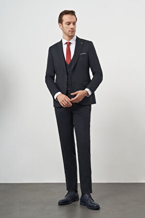  Erkek Lacivert Poliviskon Basic Yelekli Jakar Desen Slim Fit Sivri Yaka Takım Elbise