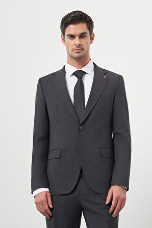  Erkek Antrasit Yün Slim Fit Mono Yaka Takım Elbise