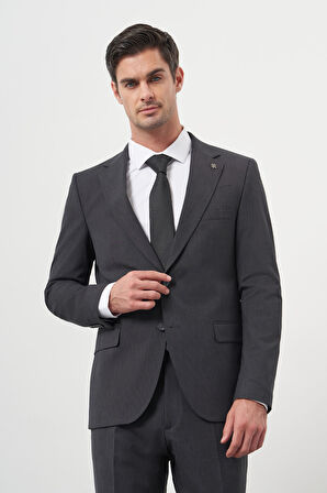  Erkek Antrasit Yün Slim Fit Mono Yaka Takım Elbise