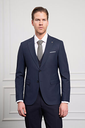  Erkek Lacivert Trend Yelekli Kombinli Yünlü Slim Fit Sivri Yaka Takım Elbise