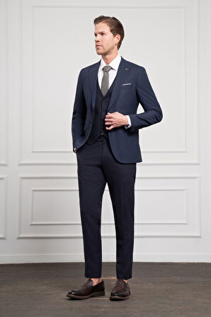  Erkek Lacivert Trend Yelekli Kombinli Yünlü Slim Fit Sivri Yaka Takım Elbise