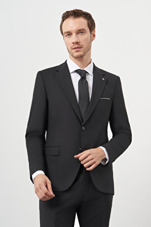  Erkek Siyah Yünlü Slim Fit Mono Yaka Takım Elbise