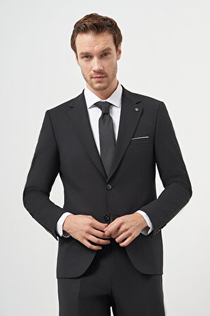  Erkek Siyah Yünlü Slim Fit Mono Yaka Takım Elbise