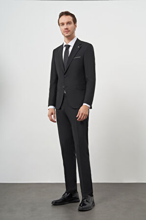  Erkek Siyah Yünlü Slim Fit Mono Yaka Takım Elbise