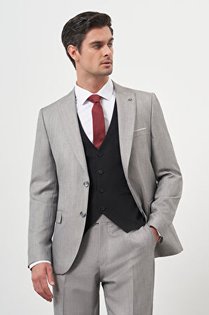 Erkek Gri Trend Yelekli Kombinli Slim Fit Sivri Yaka Takım Elbise