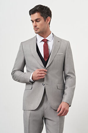  Erkek Gri Trend Yelekli Kombinli Slim Fit Sivri Yaka Takım Elbise