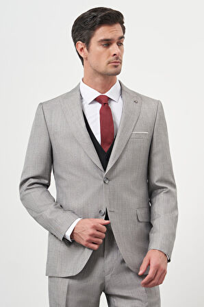  Erkek Gri Trend Yelekli Kombinli Slim Fit Sivri Yaka Takım Elbise