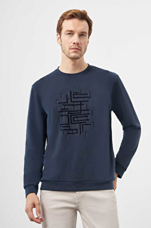  Erkek Lacivert Trend Bisiklet Yaka Sweat-Shirt