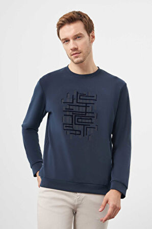  Erkek Lacivert Trend Bisiklet Yaka Sweat-Shirt