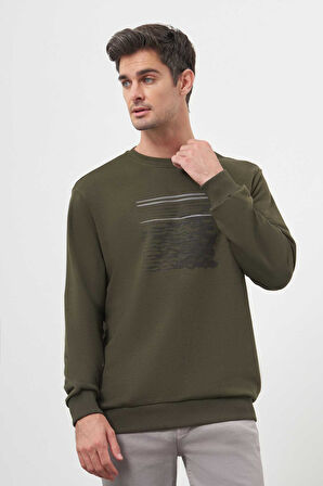  Erkek Haki Trend Bisiklet Yaka Sweat-Shirt