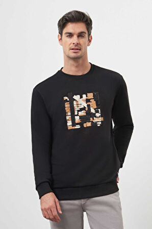  Erkek Siyah Trend Bisiklet Yaka Sweat-Shirt