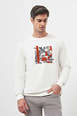  Erkek Beyaz Trend Bisiklet Yaka Sweat-Shirt