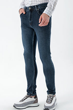  Erkek Lacivert Denim 5 Cep Slim Fit Jean Kot Pantolon