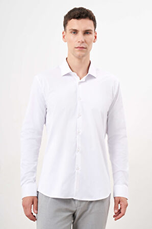  Erkek Beyaz Basic Düz Desen İtalyan Yaka Slim Fit Gömlek